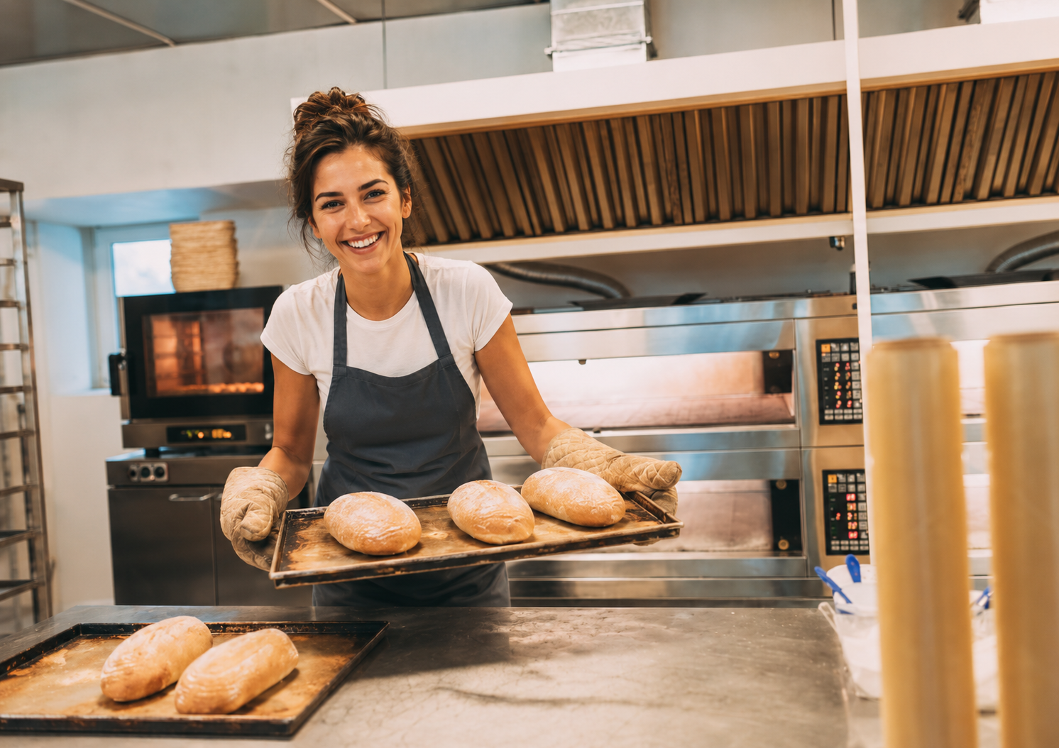 Baker smiling and holding fresh baked goods