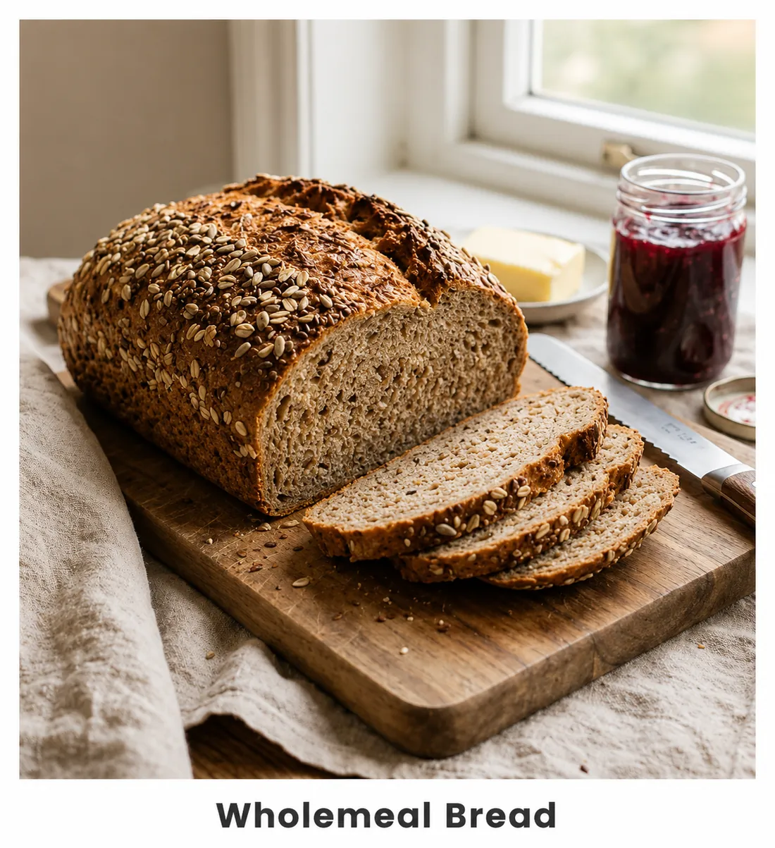 Wholemeal seeded bread with slices served beside jam