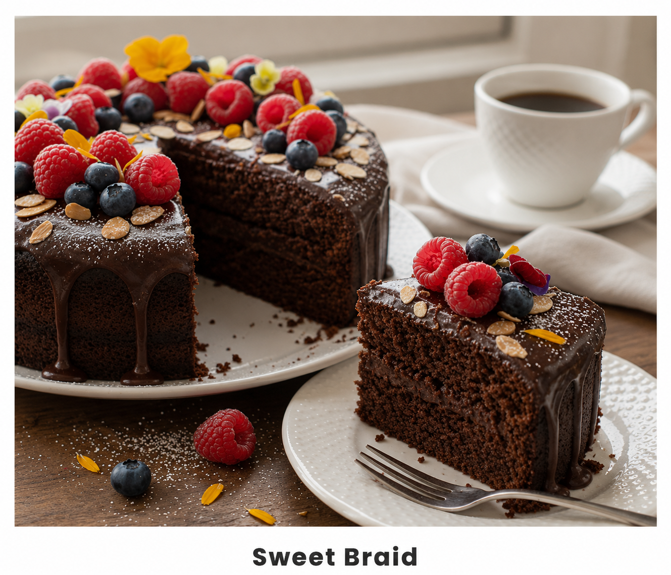 Chocolate cake topped with berries and coffee