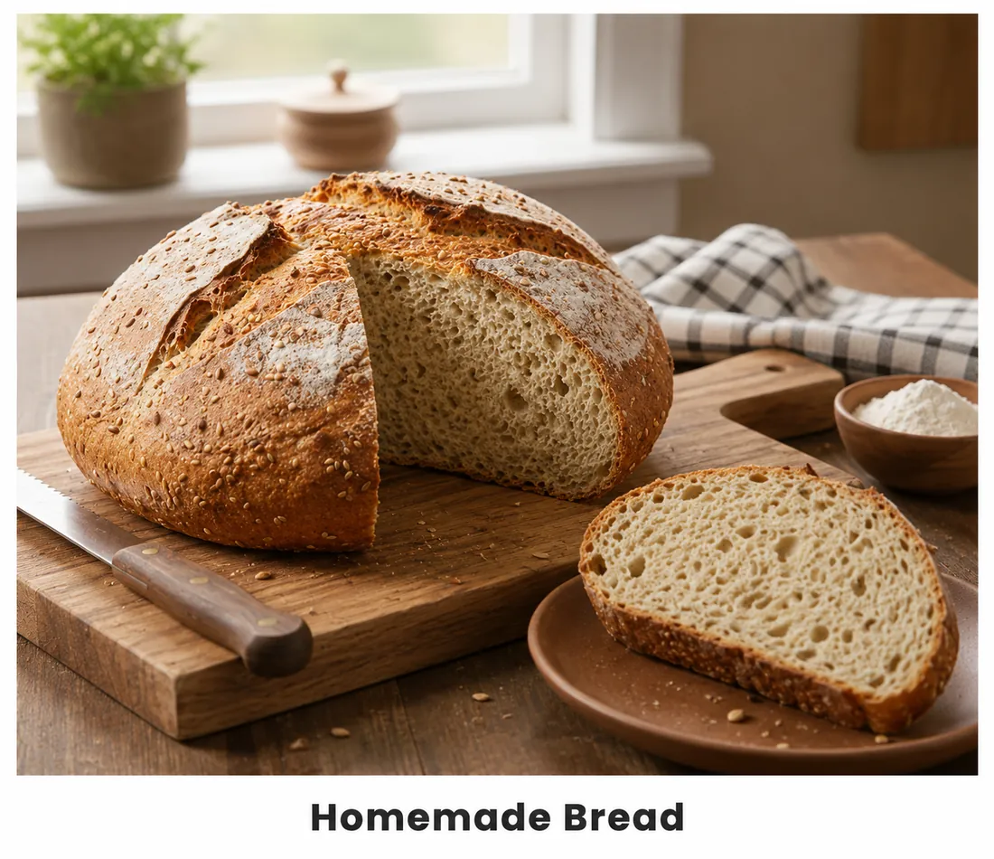 Fresh homemade bread loaf sliced on a cutting board