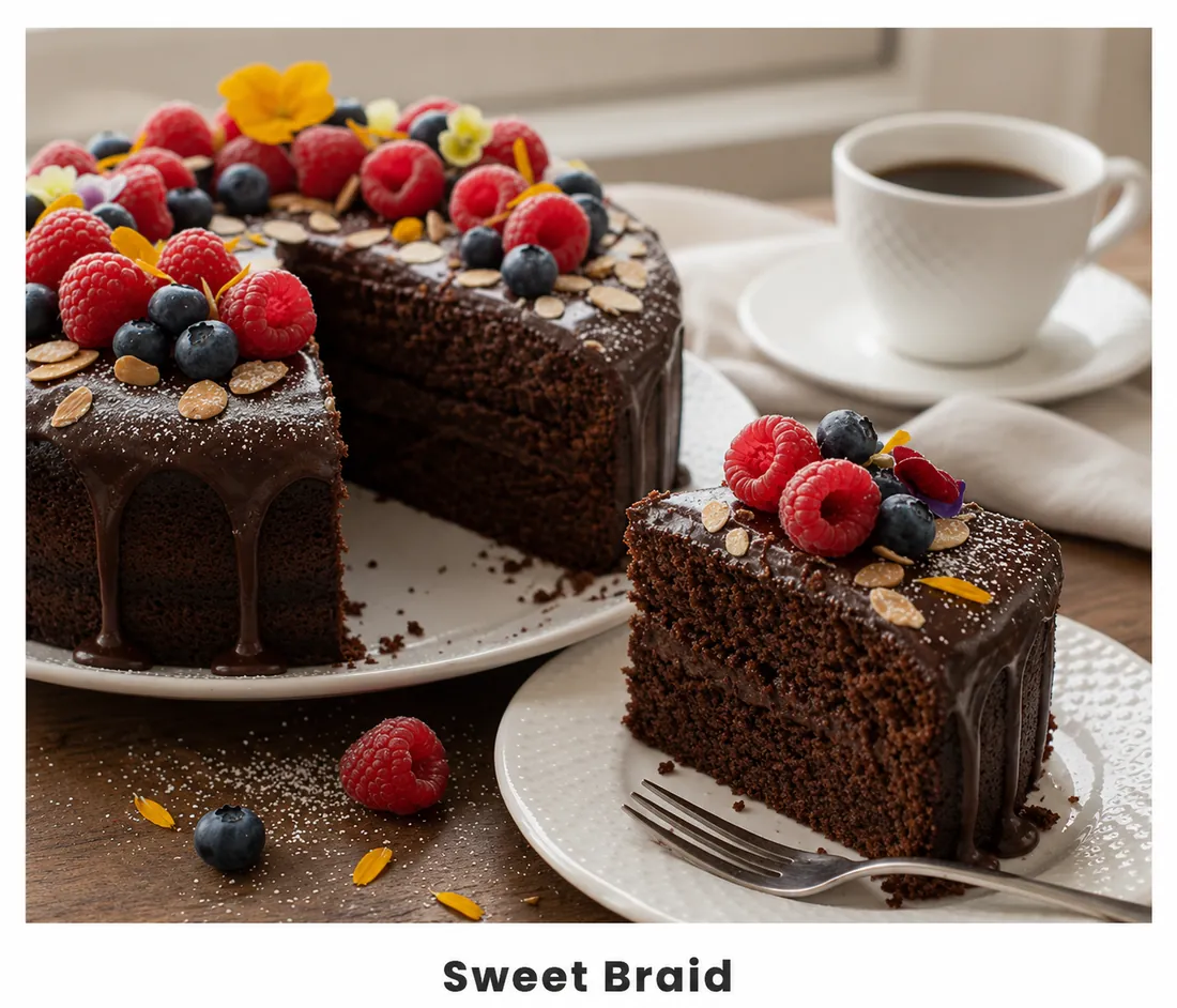 Chocolate cake topped with berries and coffee