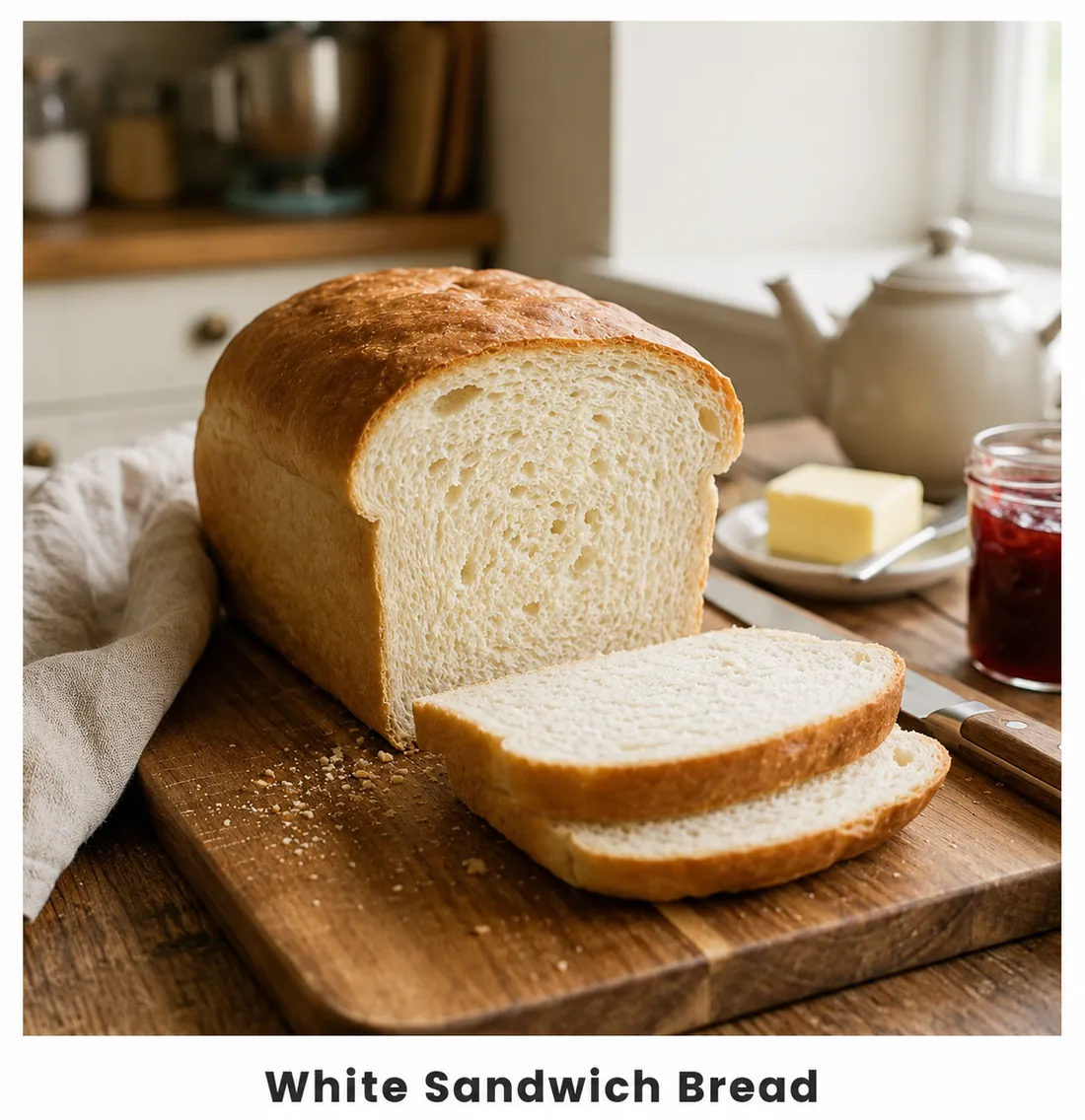 Soft white sandwich bread loaf with sliced pieces